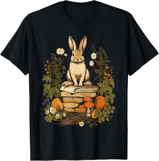 Cottagecore Rabbit Reading Aesthetic Book Outfit T-Shirt - T-Shirt | Black