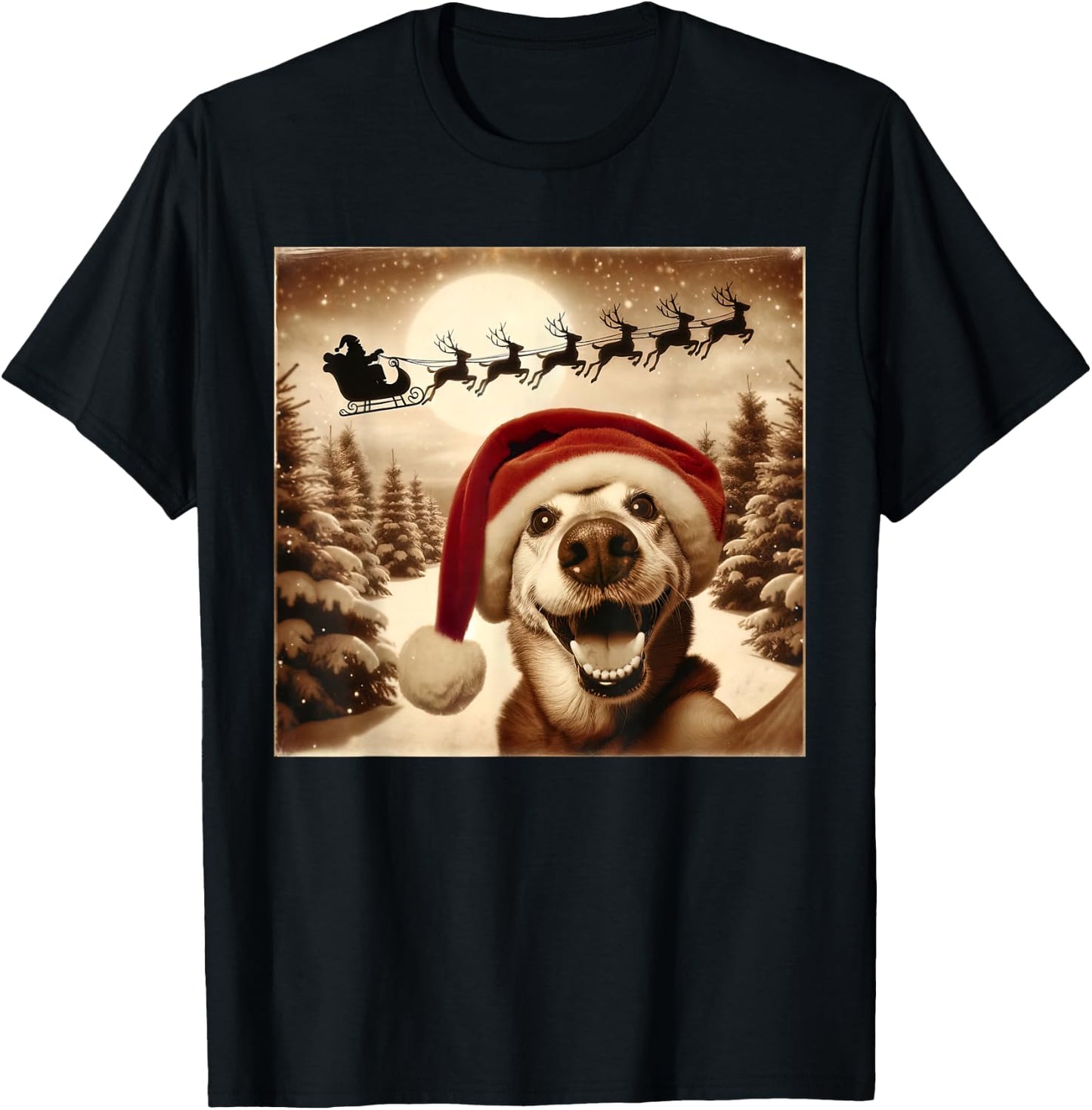 Funny Dog Selfie With Santa's Sleigh Weird dog Christmas Women Girls Kids T-Shirt - T-Shirt | Black