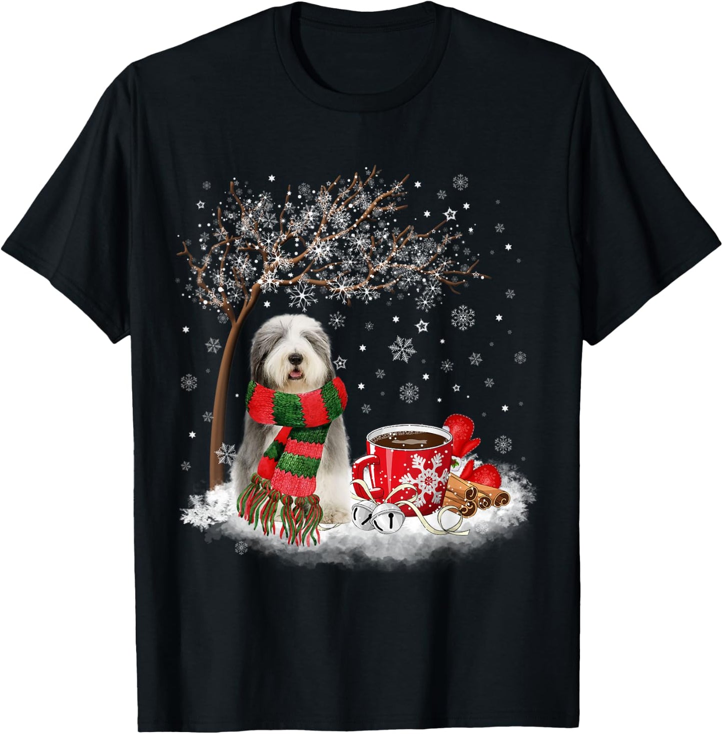 Old English Sheepdog In The Snow Christmas Winter Xmas Tree Men Women Kids T-Shirt - T-Shirt | Black