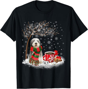 Old English Sheepdog In The Snow Christmas Winter Xmas Tree Men Women Kids T-Shirt - T-Shirt | Black