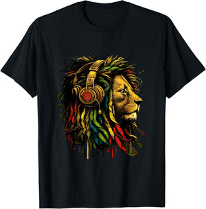 Rasta Reggae Music Headphones Jamaican Pride Lion of Judah T-Shirt - T-Shirt | Black