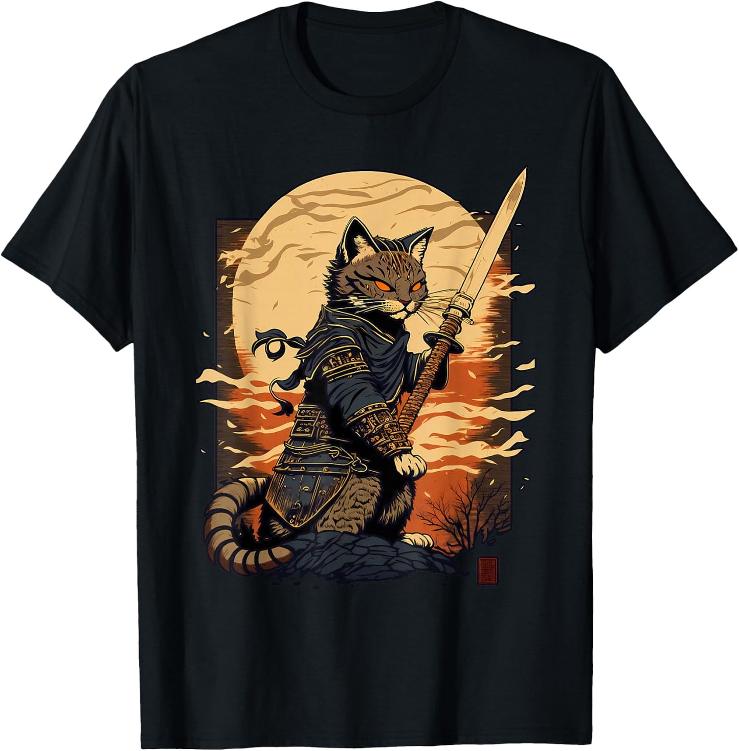Retro Japanese Warrior Katana Ninja Cat, Samurai Kitten T-Shirt - T-Shirt | Black