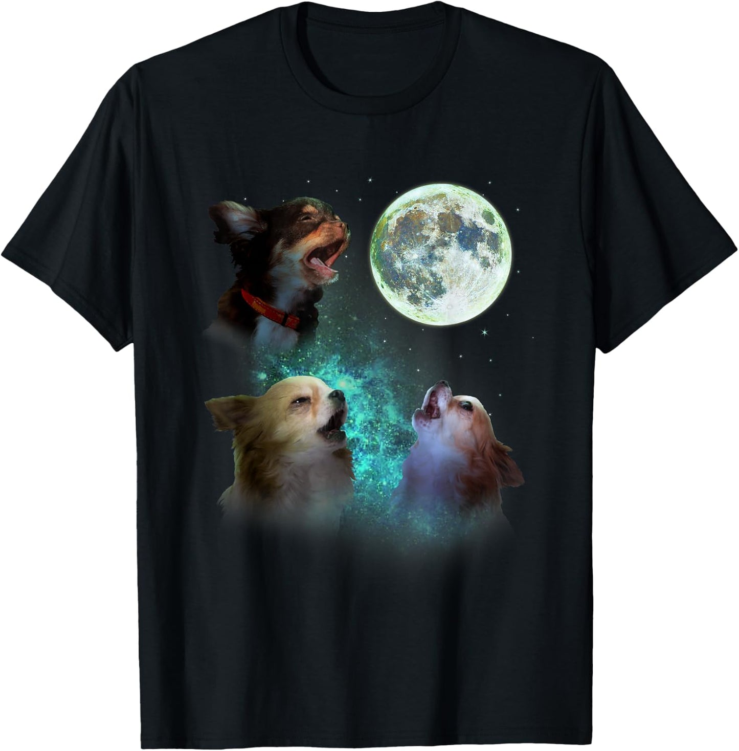 Three Long Hair Chihuahuas Howl At Moon 3 Wolf Wolves Parody T-Shirt - T-Shirt | Black