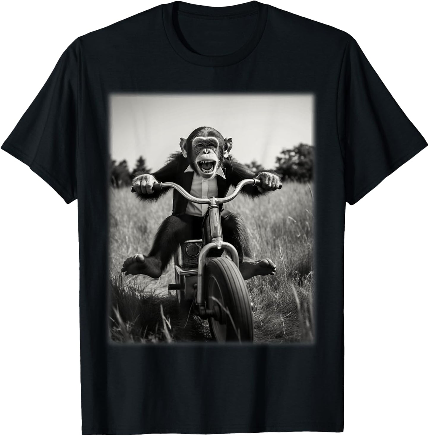 Funny Cute Monkey Chimp Riding Vintage Bicycle Men Woman T-Shirt - T-Shirt | Black