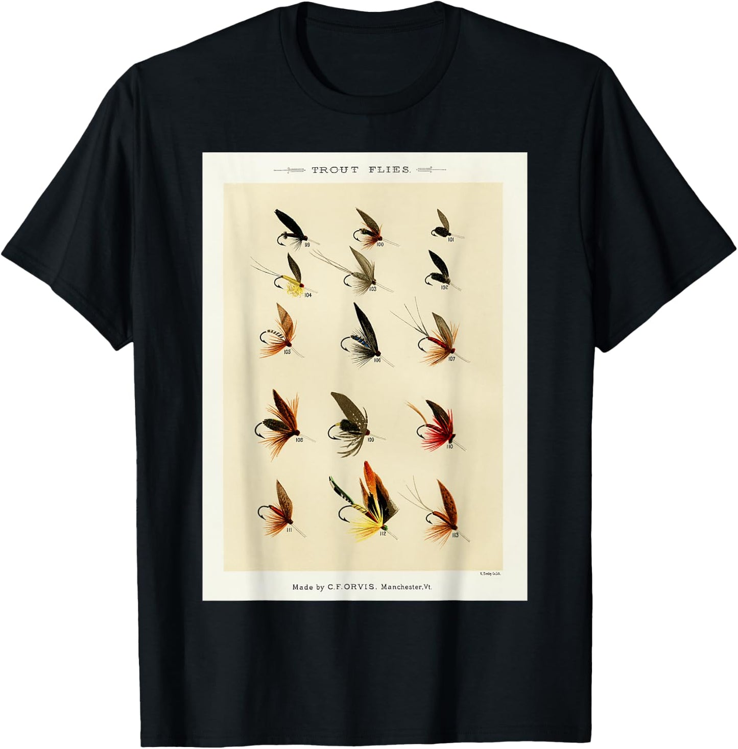 Vintage Trout Fishing Flies Mary Orvis Fisherman Art T-Shirt - T-Shirt | Black