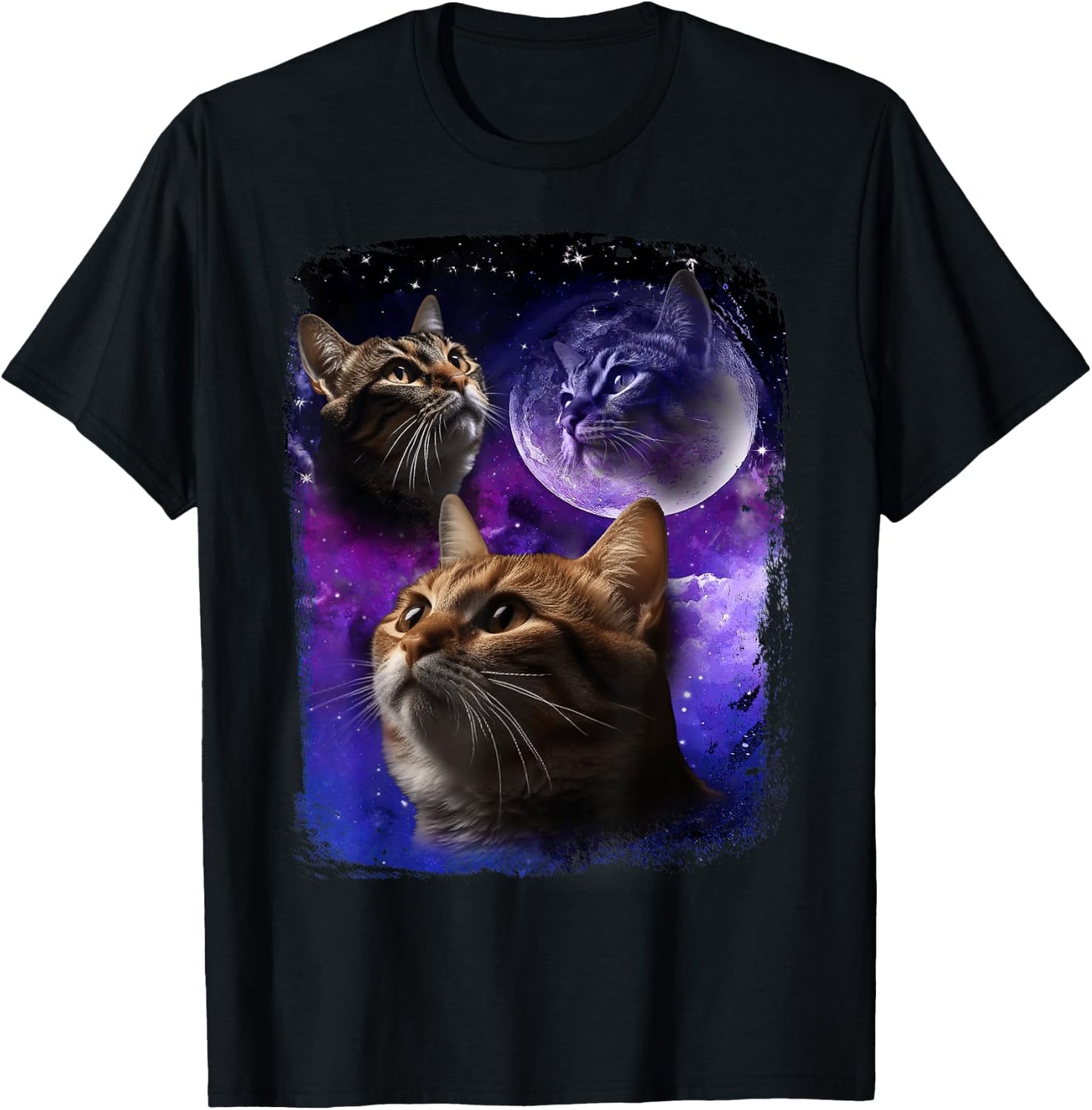 Cat Howling at Moon Galaxy Funny Three Cats Howl wolf meme Men Women T-Shirt - T-Shirt | Black
