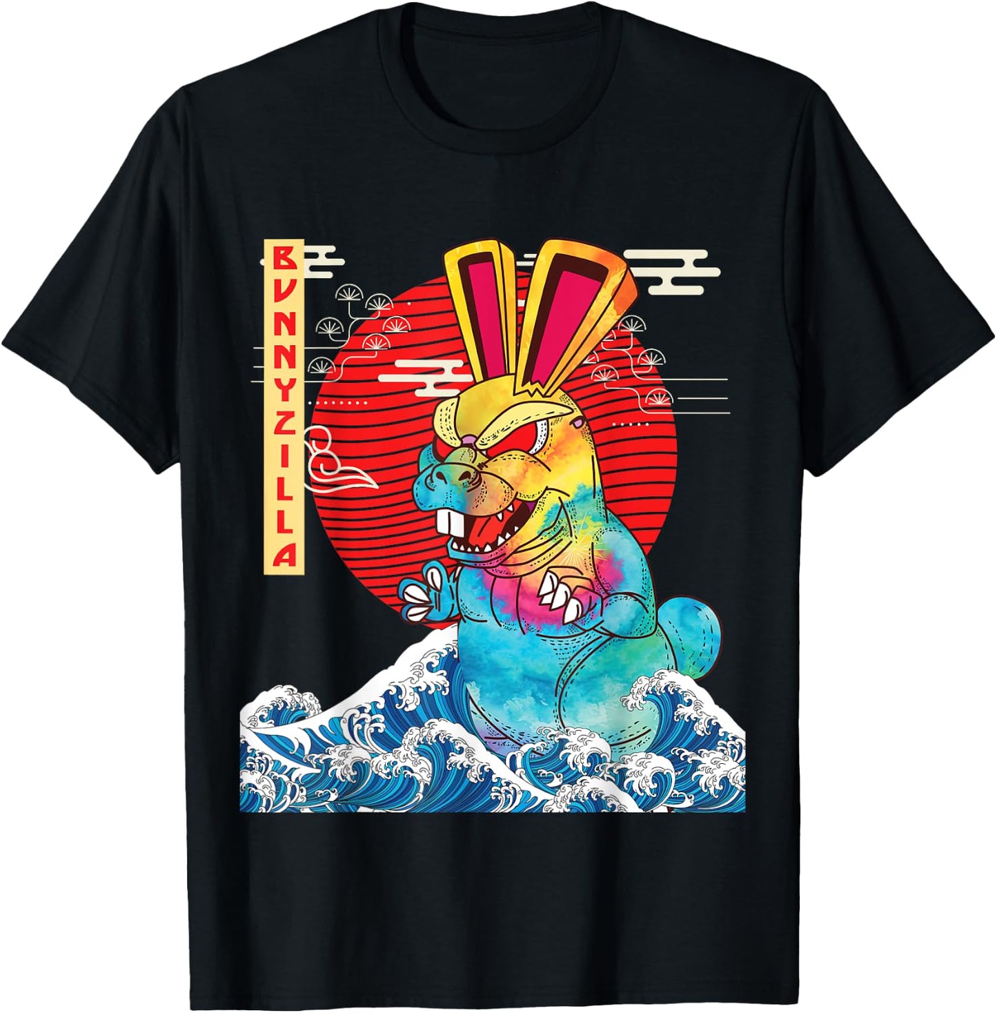 BunnyZilla Vintage Funny Cute Rabbit Art Japanese Sunset T-Shirt - T-Shirt | Black