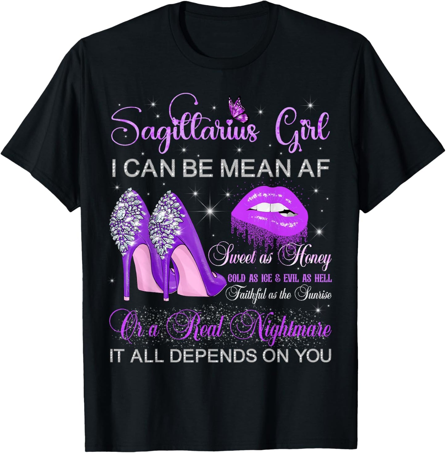 Sagittarius Girl Birthday Purple High Heels Dripping Lips T-Shirt - T-Shirt | Black