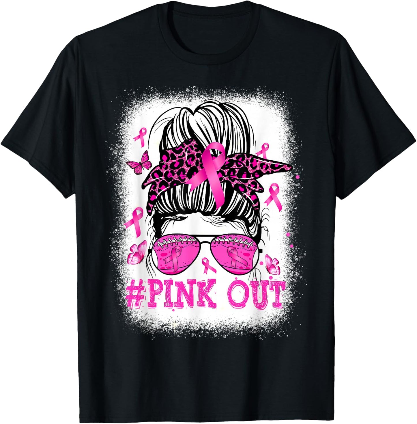 Bleached Pink Out Messy Bun Football Breast Cancer Awareness T-Shirt - T-Shirt | Black