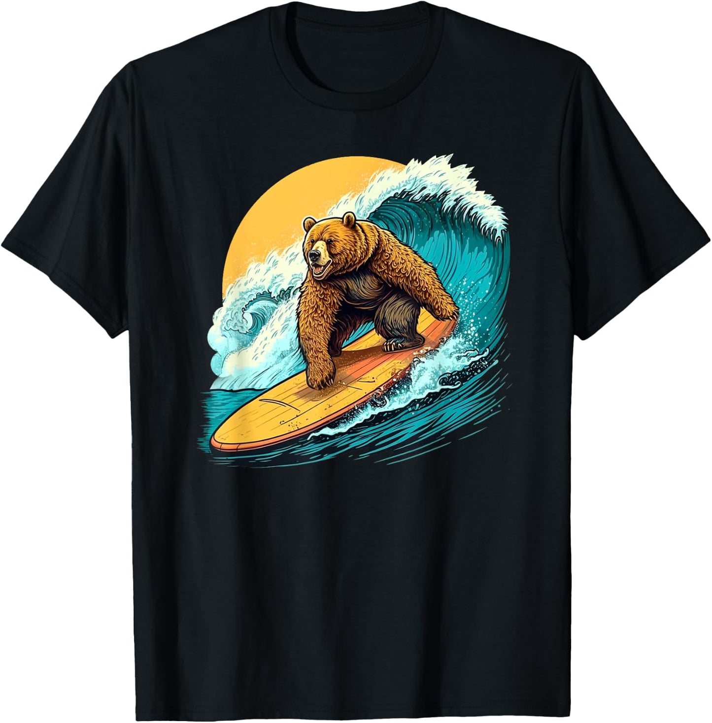 Cool Bear Surfing on Surfboard Hang Ten Surf Waves Sun Ocean T-Shirt - T-Shirt | Black