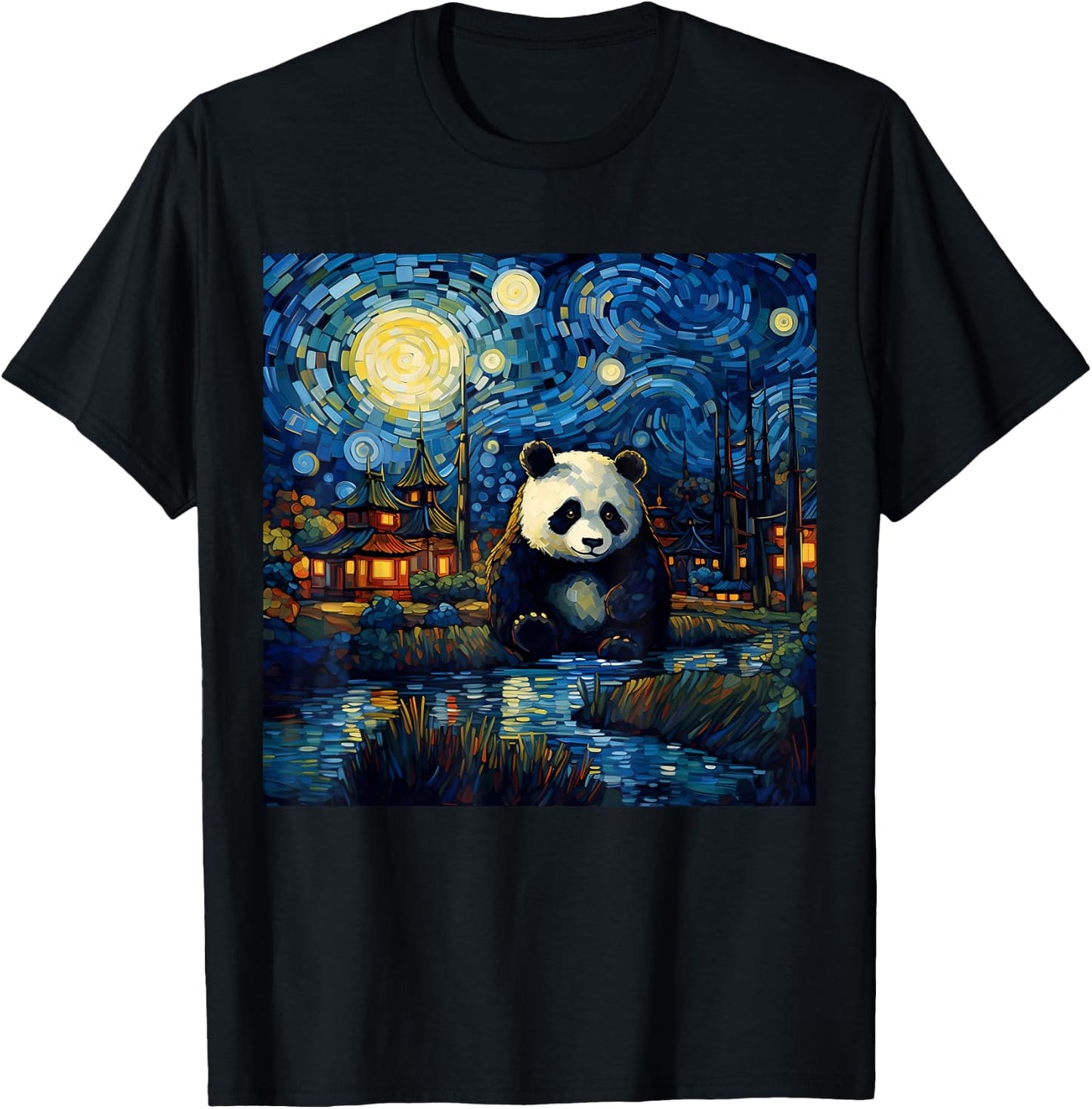 Surreal Starry Night Aesthetic Panda T-Shirt - T-Shirt | Black