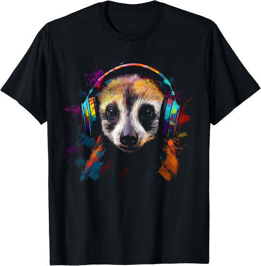 Meerkat Animal Music Art - Colourful Headphones Meerkat T-Shirt - T-Shirt | Black