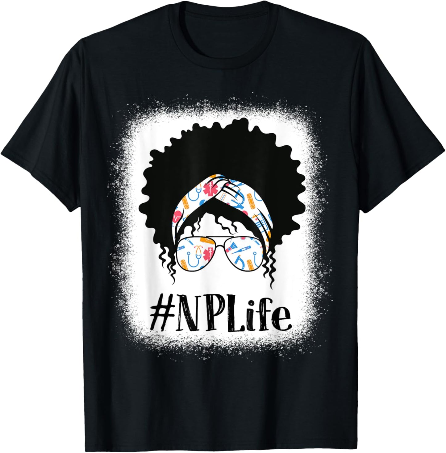 NP Nurse Practitioner Black Afro Messy Bun African American T-Shirt - T-Shirt | Black