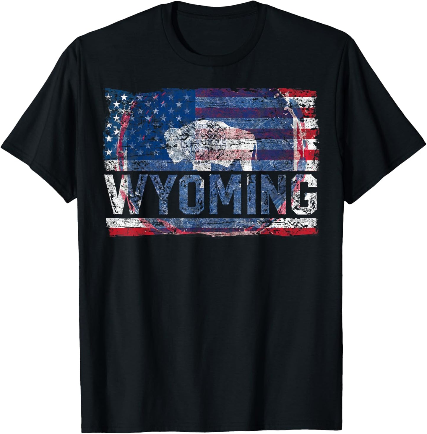 Vintage Wyoming Cowboy State US Flag Buffalo National Parks T-Shirt - T-Shirt | Black