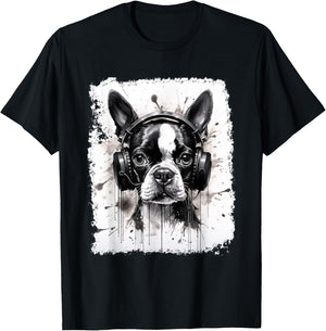 Dog Boston Terrier Music T-Shirt - T-Shirt | Black