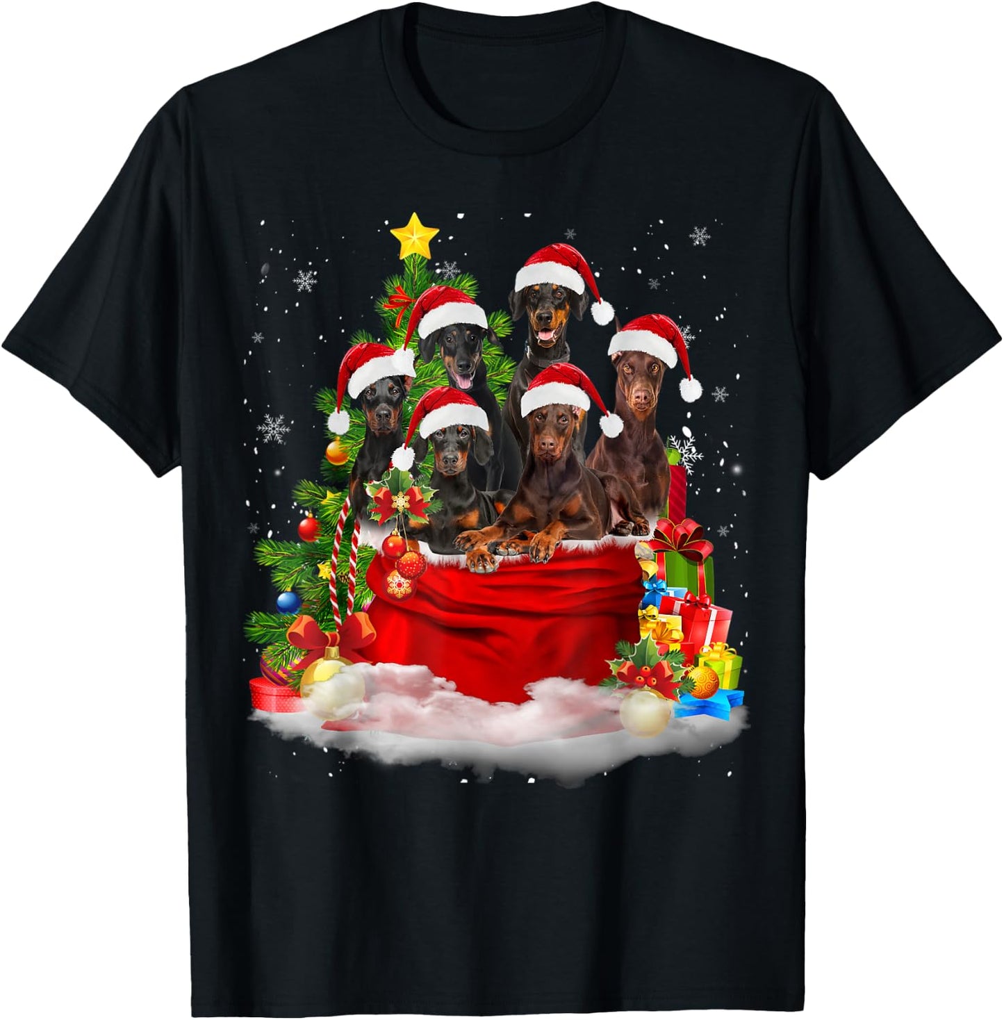 Doberman Pinscher Christmas Santa Claus Bag Christmas Pajama T-Shirt - T-Shirt | Black
