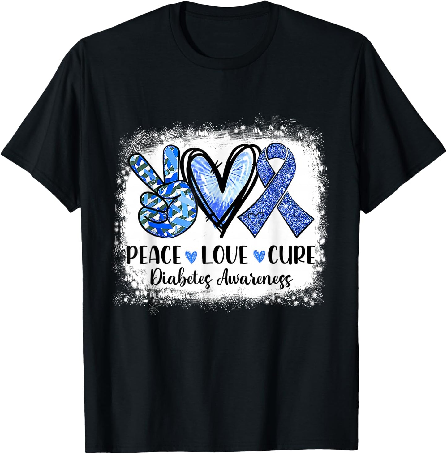 Peace Love Cure Type 1 Diabetes Awareness T1d Blue Ribbon T-Shirt - T-Shirt | Black