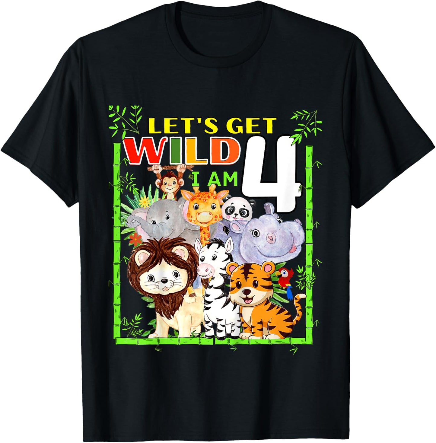 Kids 4 Year Old Zoo Birthday Safari Jungle Animals 4th Birthday T-Shirt - T-Shirt | Black