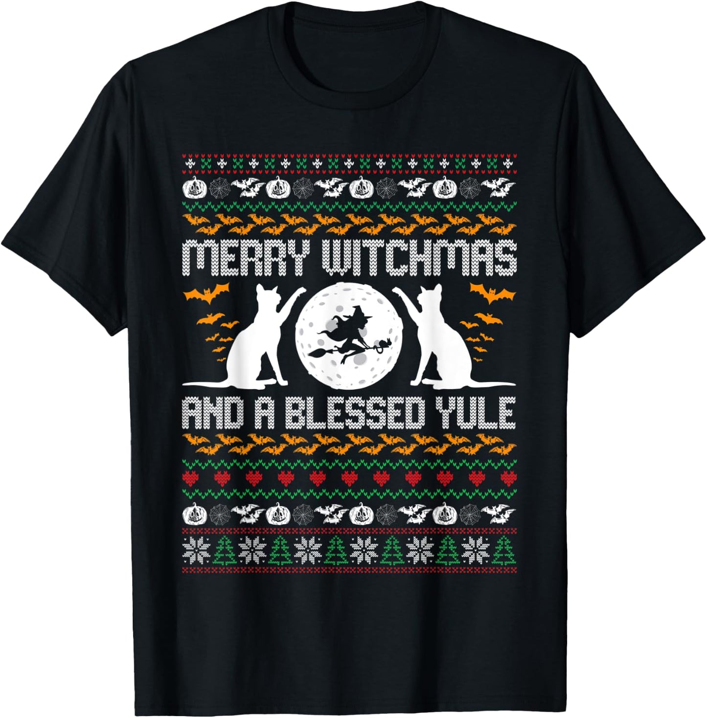 Merry Witchmas Funny Cat Lover Christmas Ugly Xmas Sweater Women T-Shirt - T-Shirt | Black