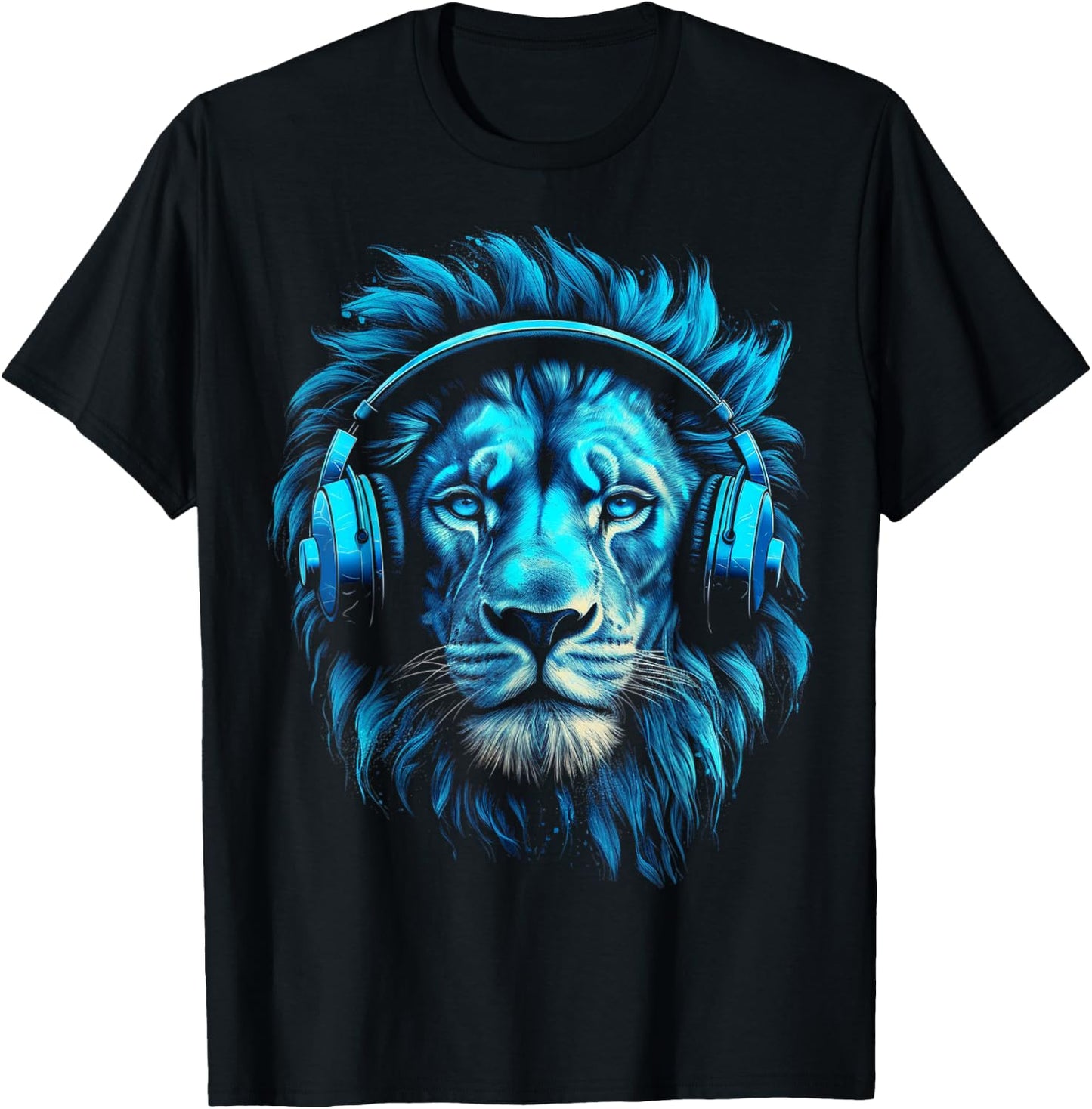 Lion Art Music Animal Headphones Blue Zoo Lion Motif T-Shirt - T-Shirt | Black