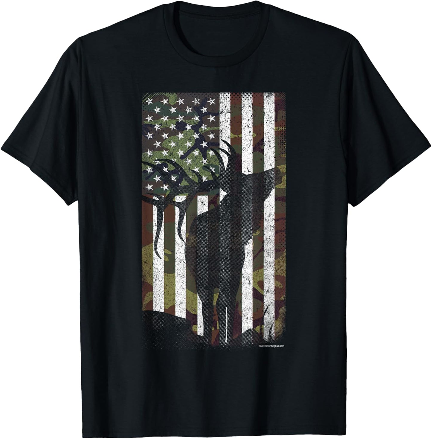 Elk Hunting Bugling Bull Camo US Flag - American Retro T-Shirt - T-Shirt | Black