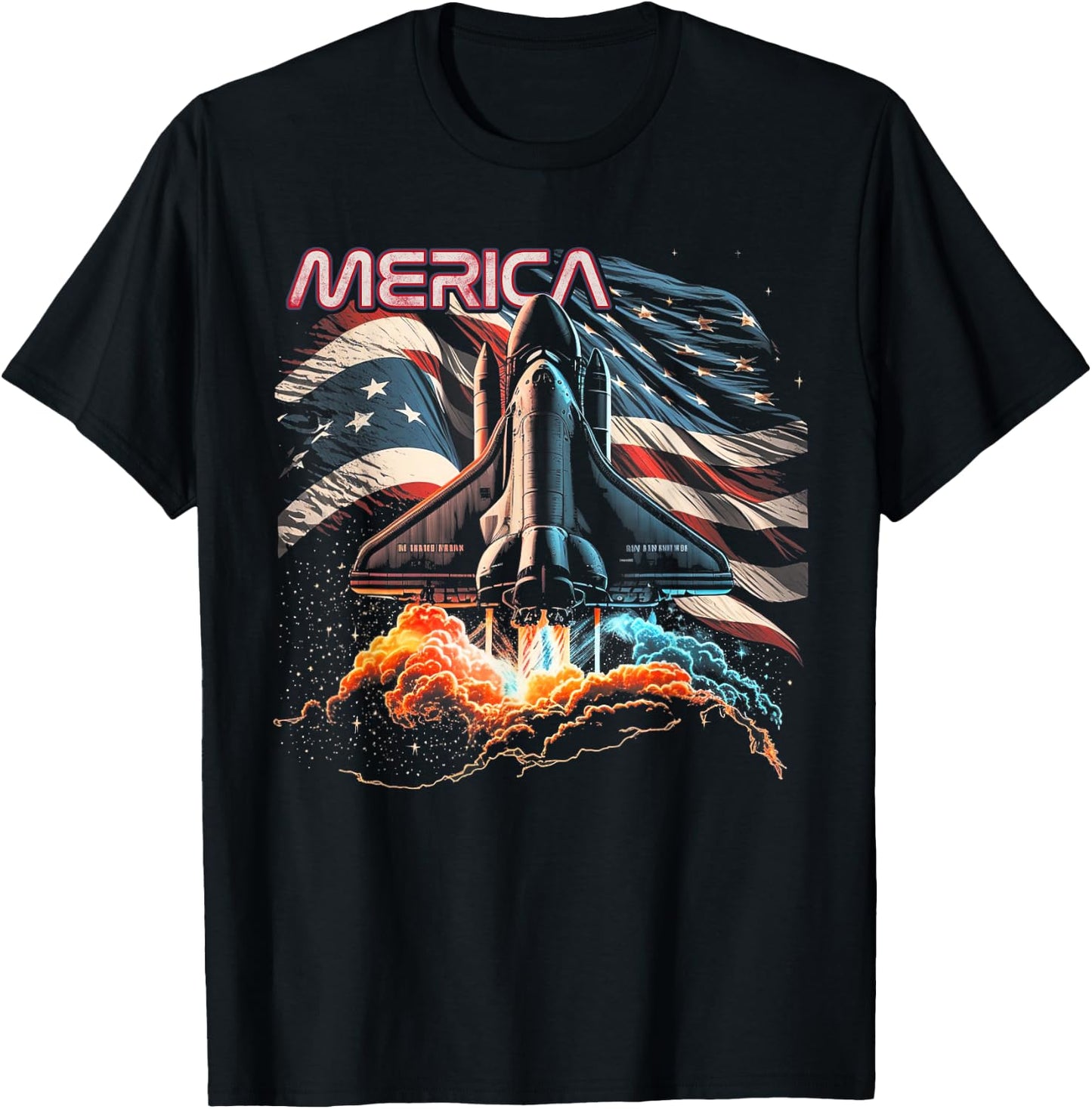Astronaut Space Rocket Shuttle 4th of July American Flag USA Kids Men T-Shirt - T-Shirt | Black