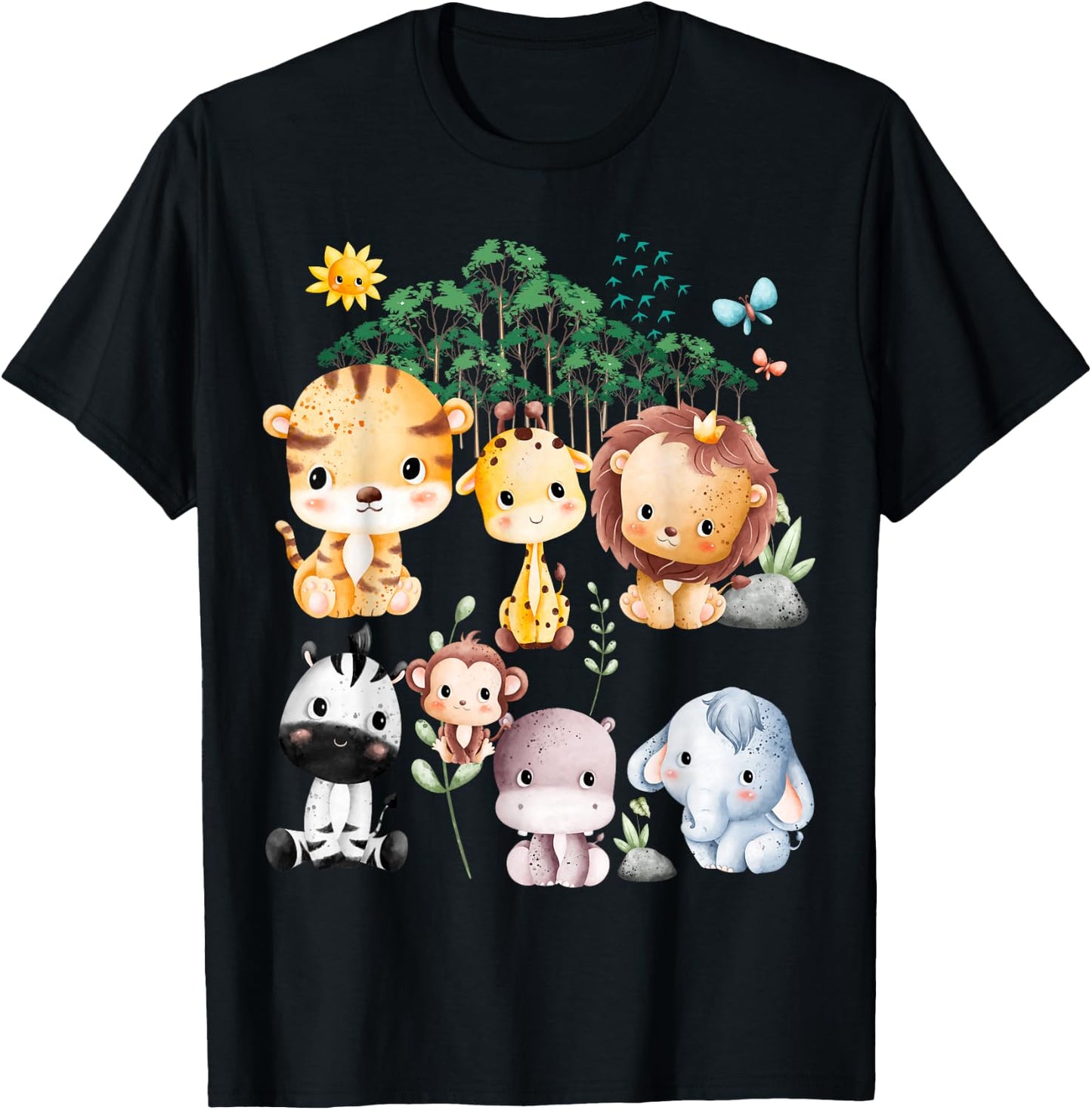 Jungle Animal Wildlife Safari Theme Forest Cute Baby Animals T-Shirt - T-Shirt | Black