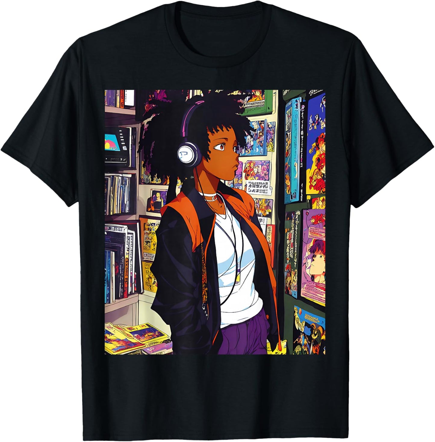 Anime Black Girl Lofi Music 90s Retro Afro Cartoon T-Shirt - T-Shirt | Black