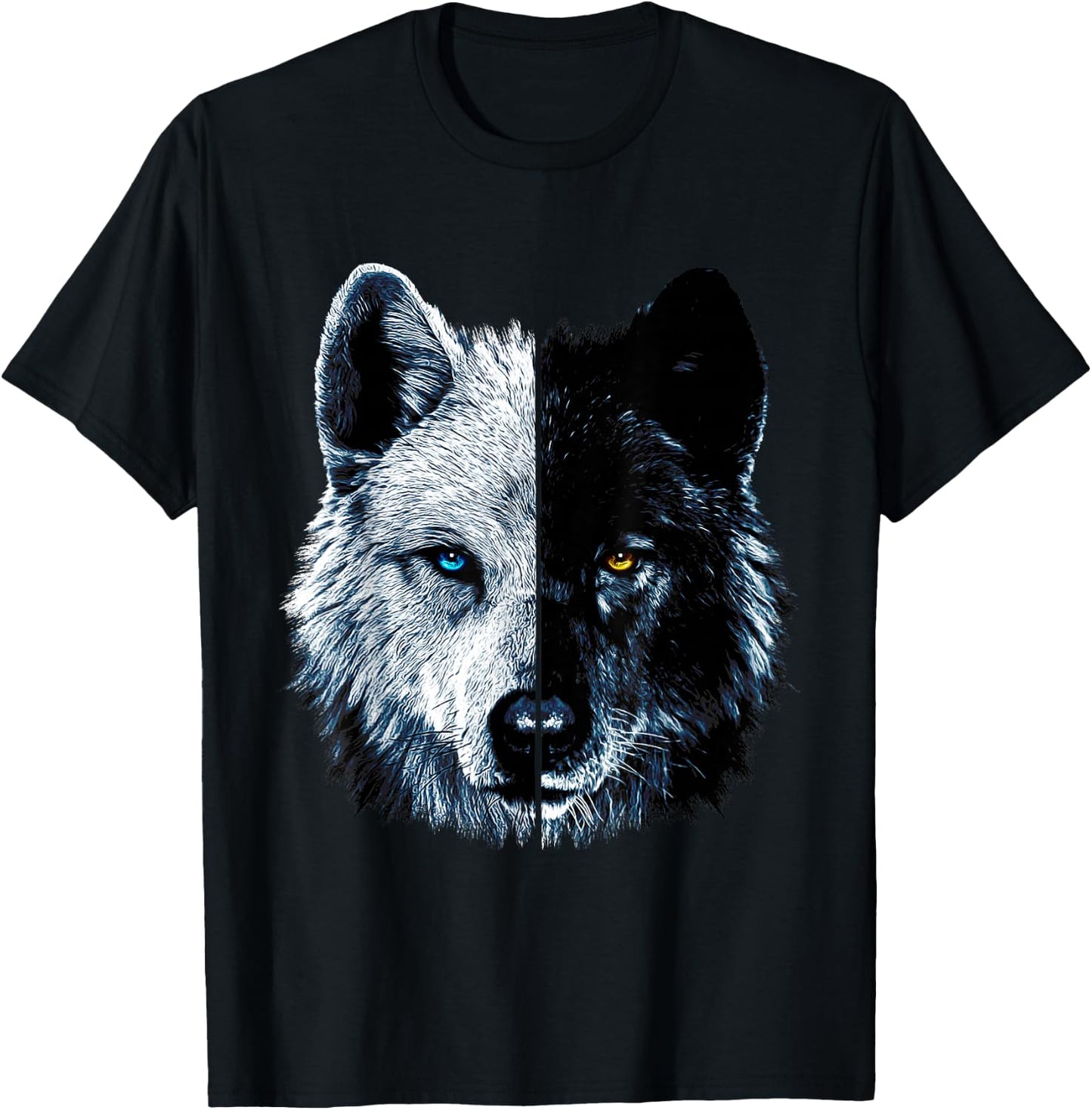 Polar And Black Two Face Wolf Split Face Magical Wolves T-Shirt - T-Shirt | Black