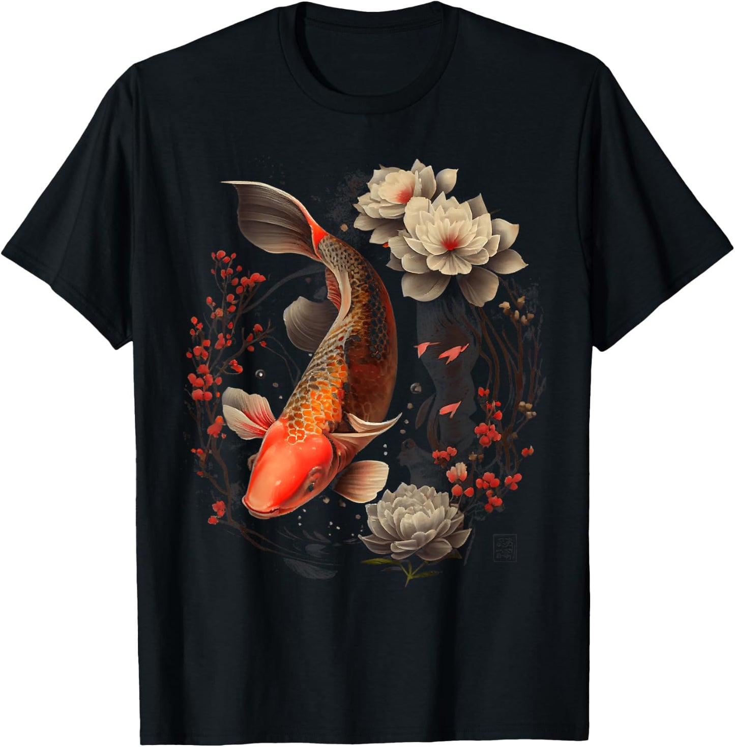 Japanese Koi Carp Nishikigoi Fish Graphic Cherry Blossom T-Shirt - T-Shirt | Black
