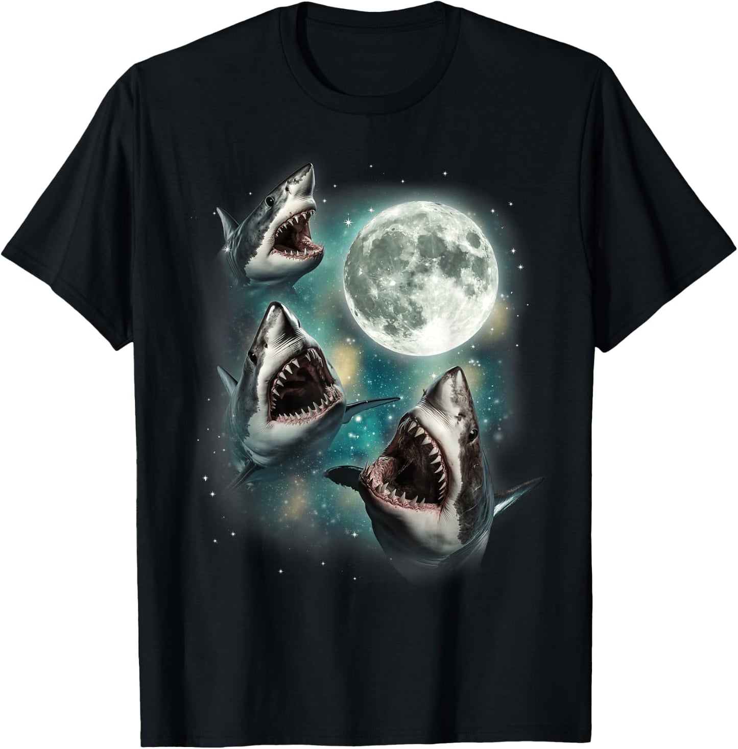 Three Shark Moon | 3 Great Whites Howling Wolfs Moon Parody T-Shirt - T-Shirt | Black