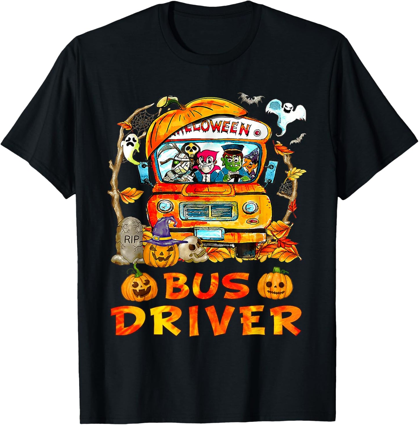 School Bus Driver Pumpkin Season Skeleton Fall Halloween T-Shirt - T-Shirt | Black