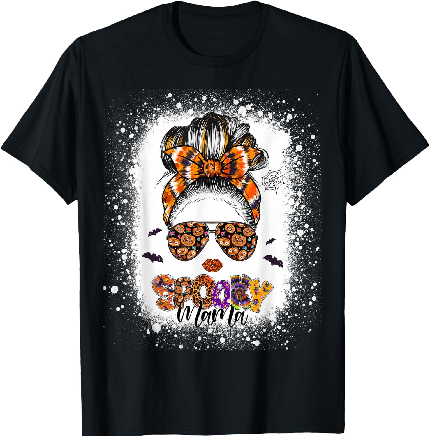 Spooky Mama Halloween Monster Messy Bun Skull Mom Bleached T-Shirt - T-Shirt | Black
