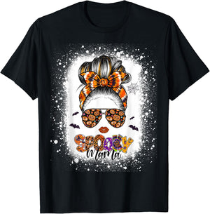 Spooky Mama Halloween Monster Messy Bun Skull Mom Bleached T-Shirt - T-Shirt | Black