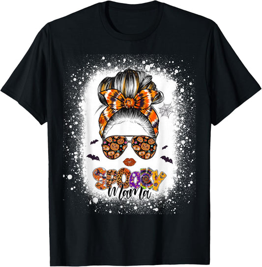 Spooky Mama Halloween Monster Messy Bun Skull Mom Bleached T-Shirt - T-Shirt | Black