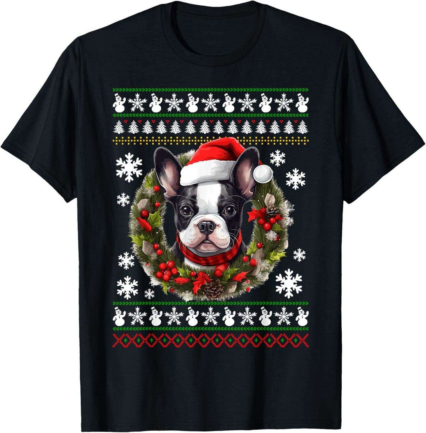 Boston Terrier With Santa Hat Ugly Christmas T-Shirt - T-Shirt | Black