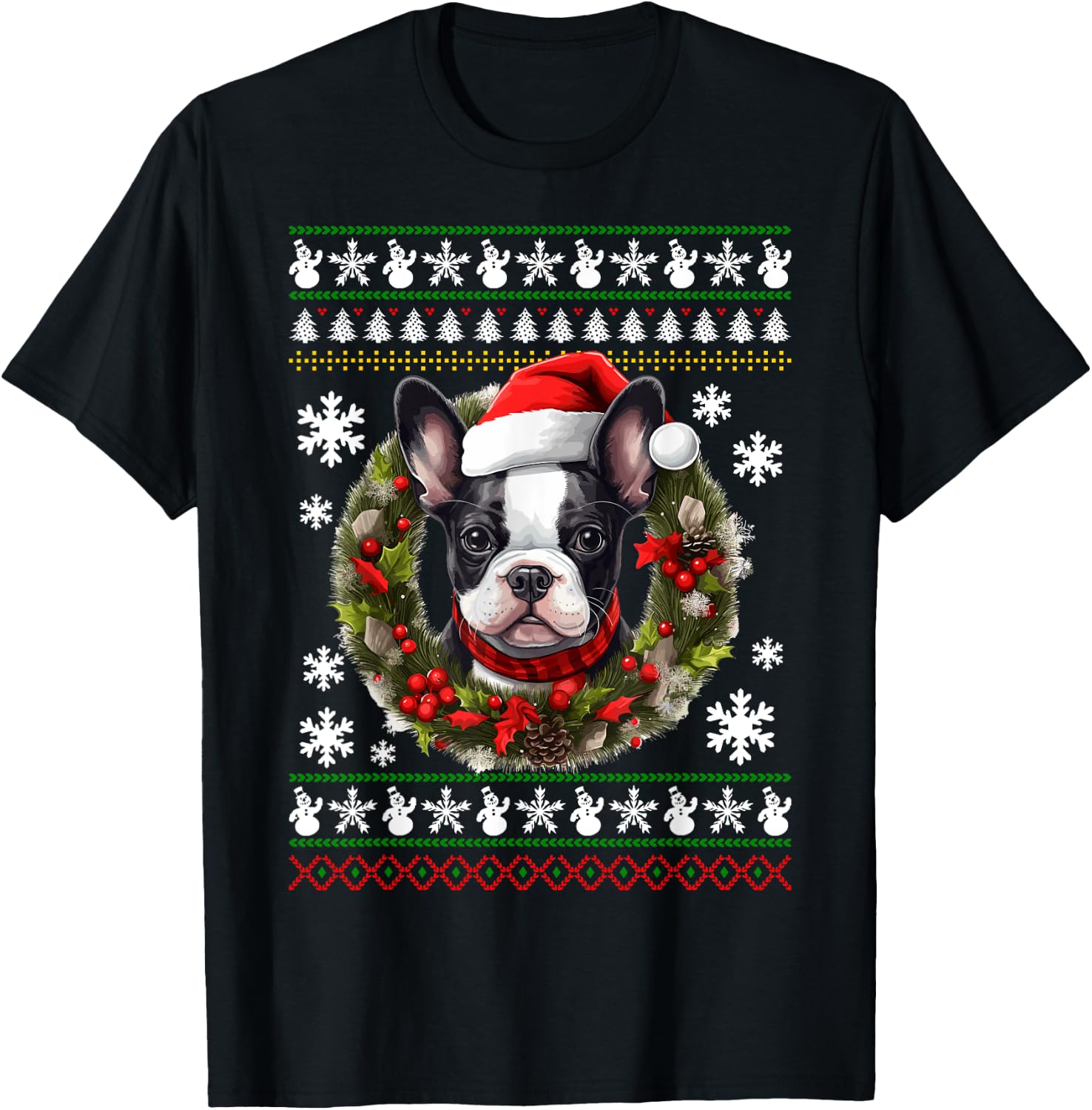 Boston Terrier With Santa Hat Ugly Christmas T-Shirt - T-Shirt | Black