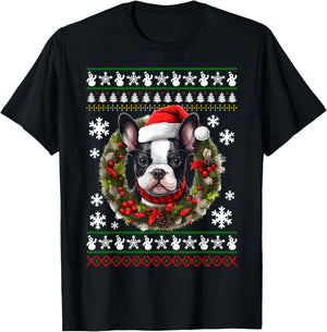 Boston Terrier With Santa Hat Ugly Christmas T-Shirt - T-Shirt | Black