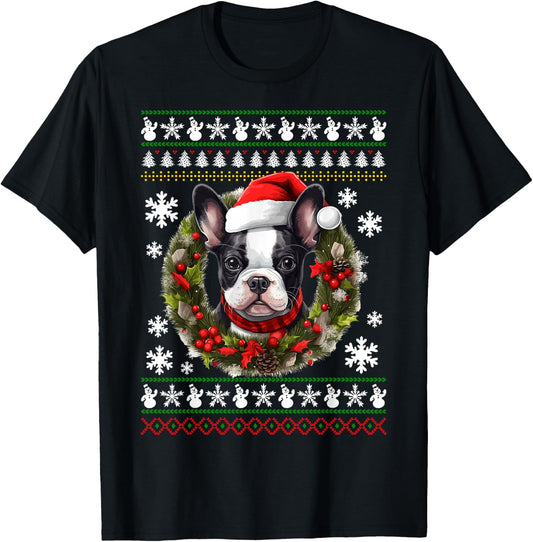 Boston Terrier With Santa Hat Ugly Christmas T-Shirt - T-Shirt | Black