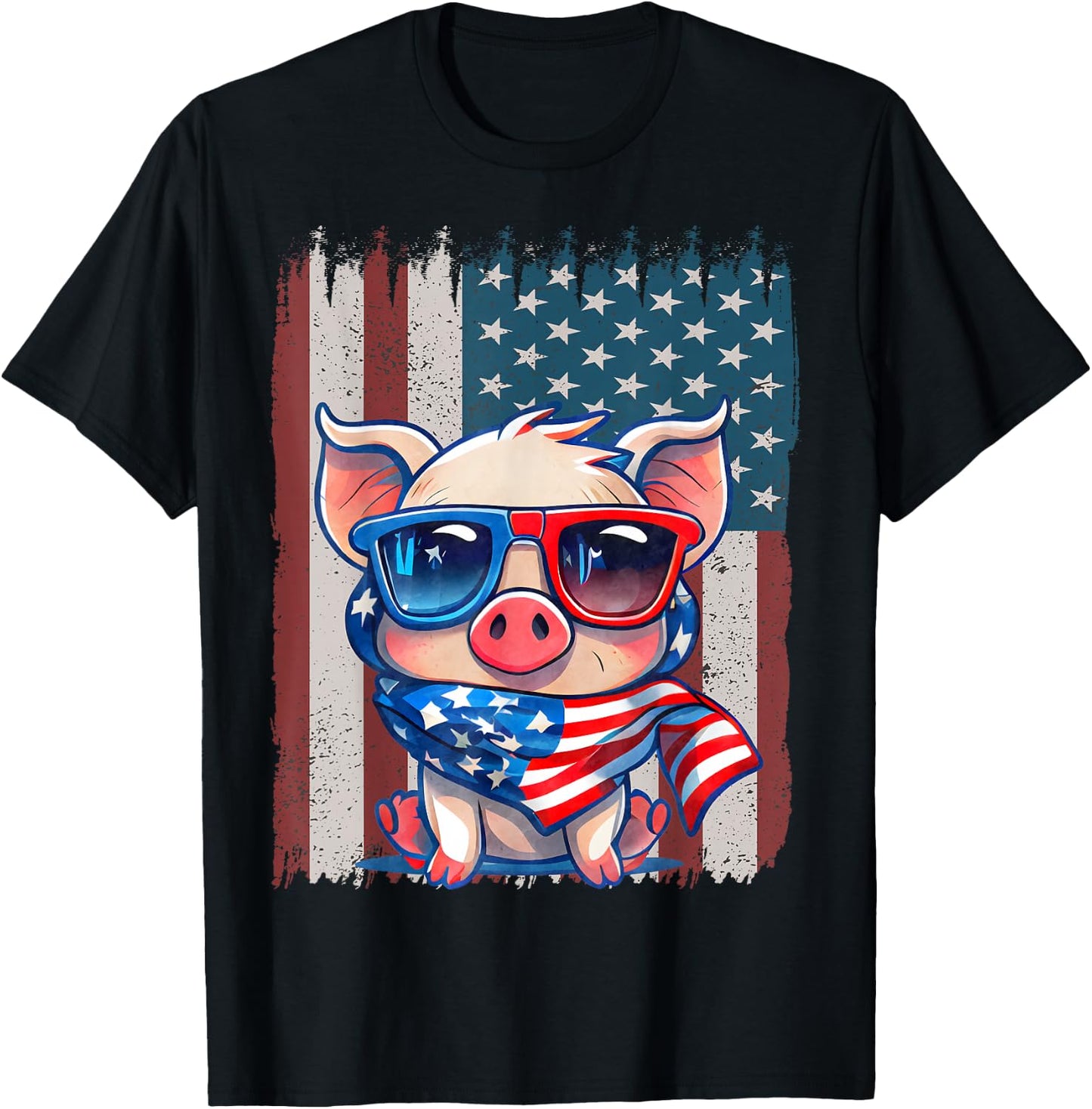 Retro American Flag Pig Dad Mom 4th of July T-Shirt - T-Shirt | Black