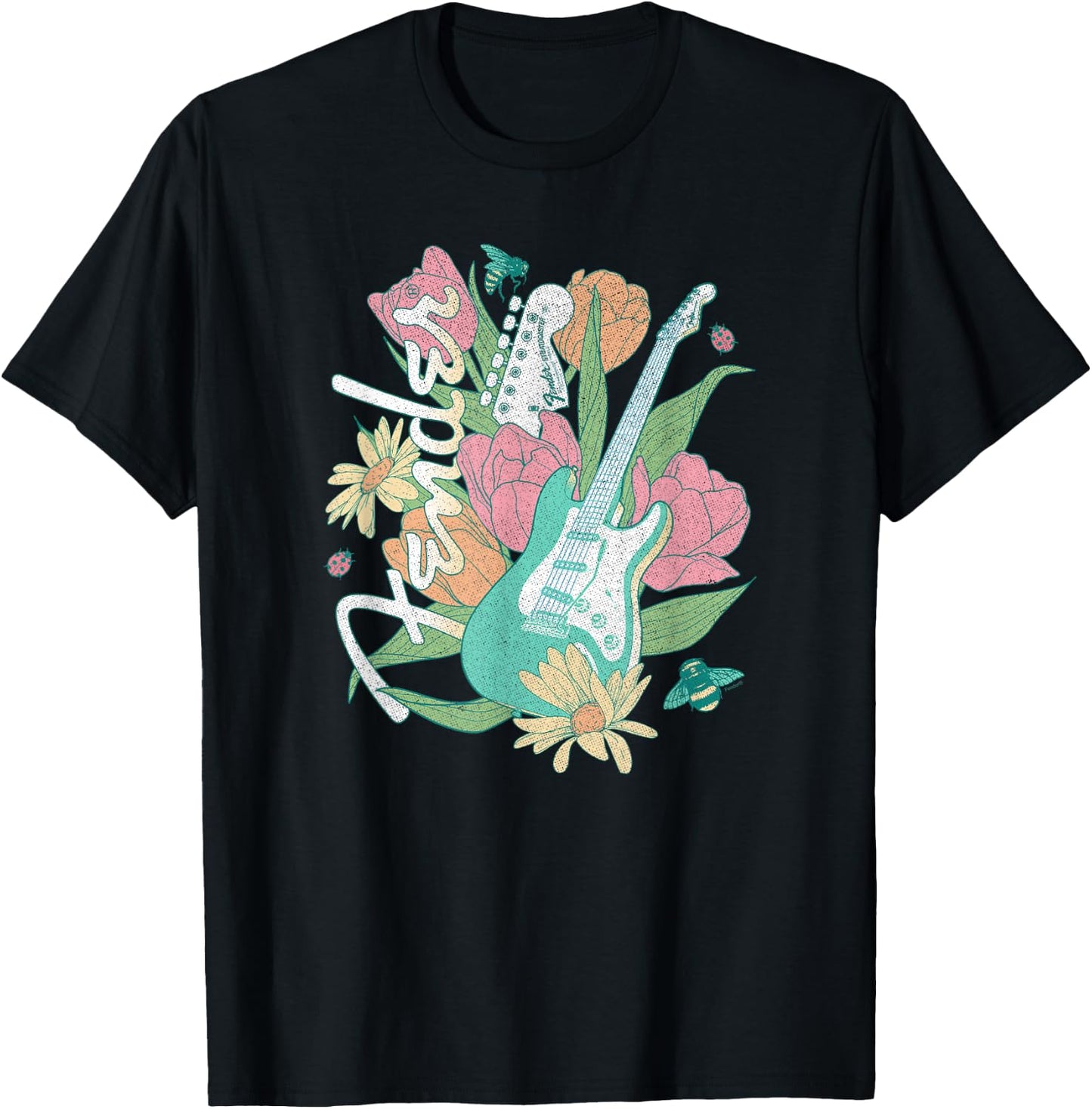 Fender Spring Time Guitar Vintage Bees And Flowers Poster T-Shirt - T-Shirt | Black