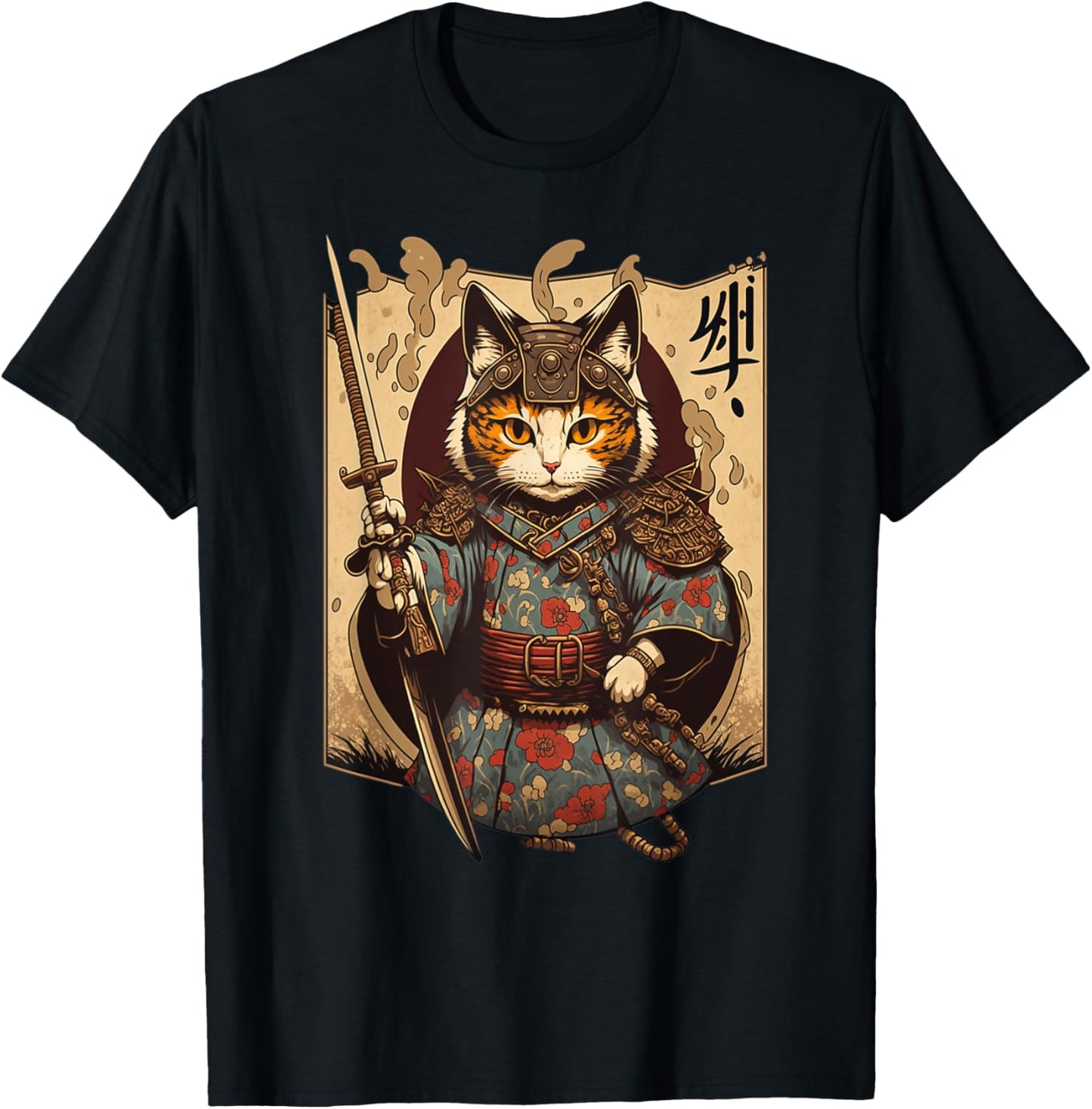 Retro Japanese Samurai Ninja Cat Kawaii Tattoo Graphic Style T-Shirt - T-Shirt | Black