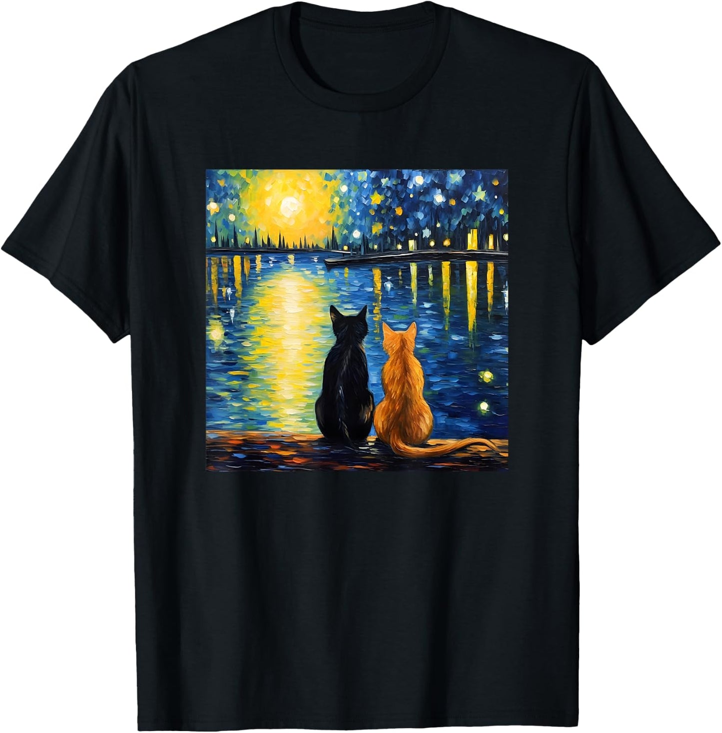 Two Cats Starry Night Lover Cat Art Painting Kitten Van Gogh T-Shirt - T-Shirt | Black