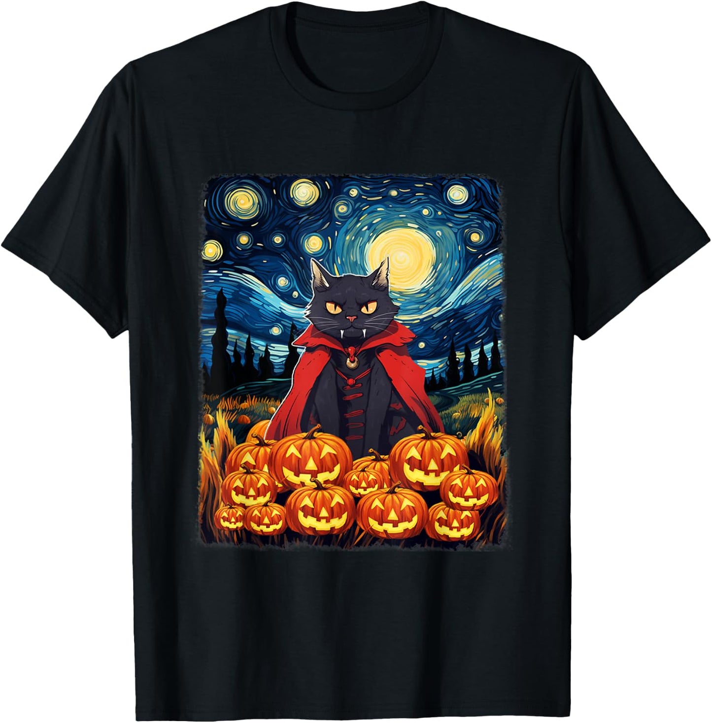 Dracula Cat Starry Night Van Gogh Retro Halloween Cat T-Shirt - T-Shirt | Black
