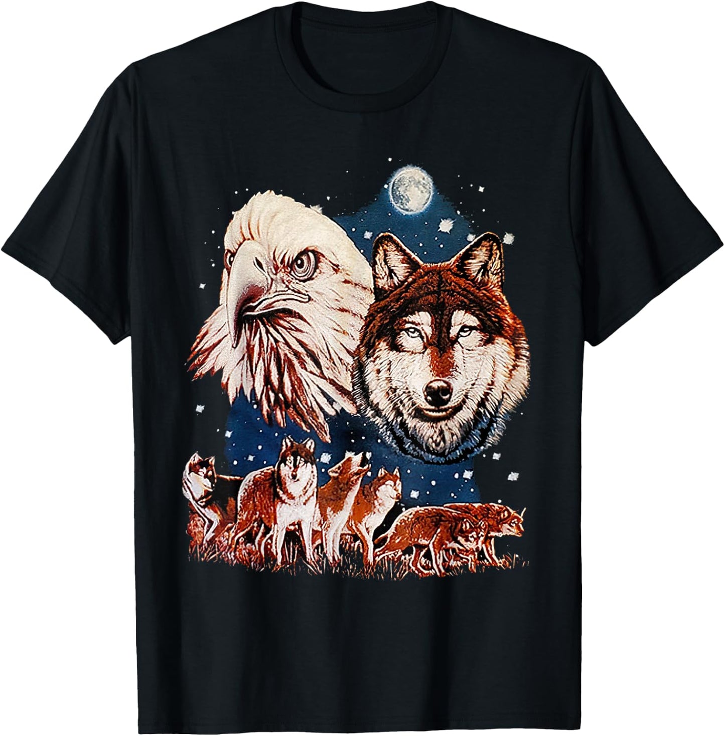 Eagle and Wolf At Moon Vintage Wolf T-Shirt - T-Shirt | Black