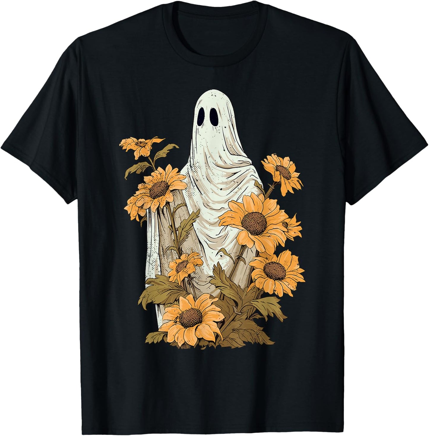 Vintage Floral Ghost Sunflowers Spooky Halloween Graphic T-Shirt - T-Shirt | Black