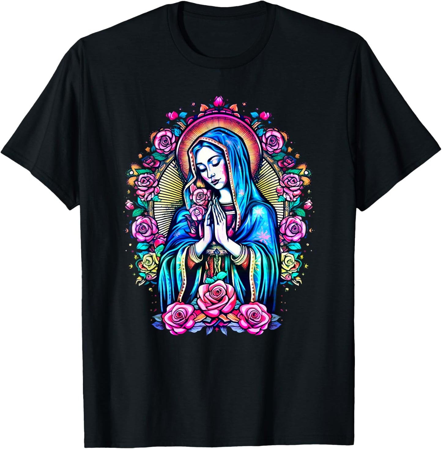 Praying Virgin Mary, roses, Christianity, faith, saint image T-Shirt - T-Shirt | Black