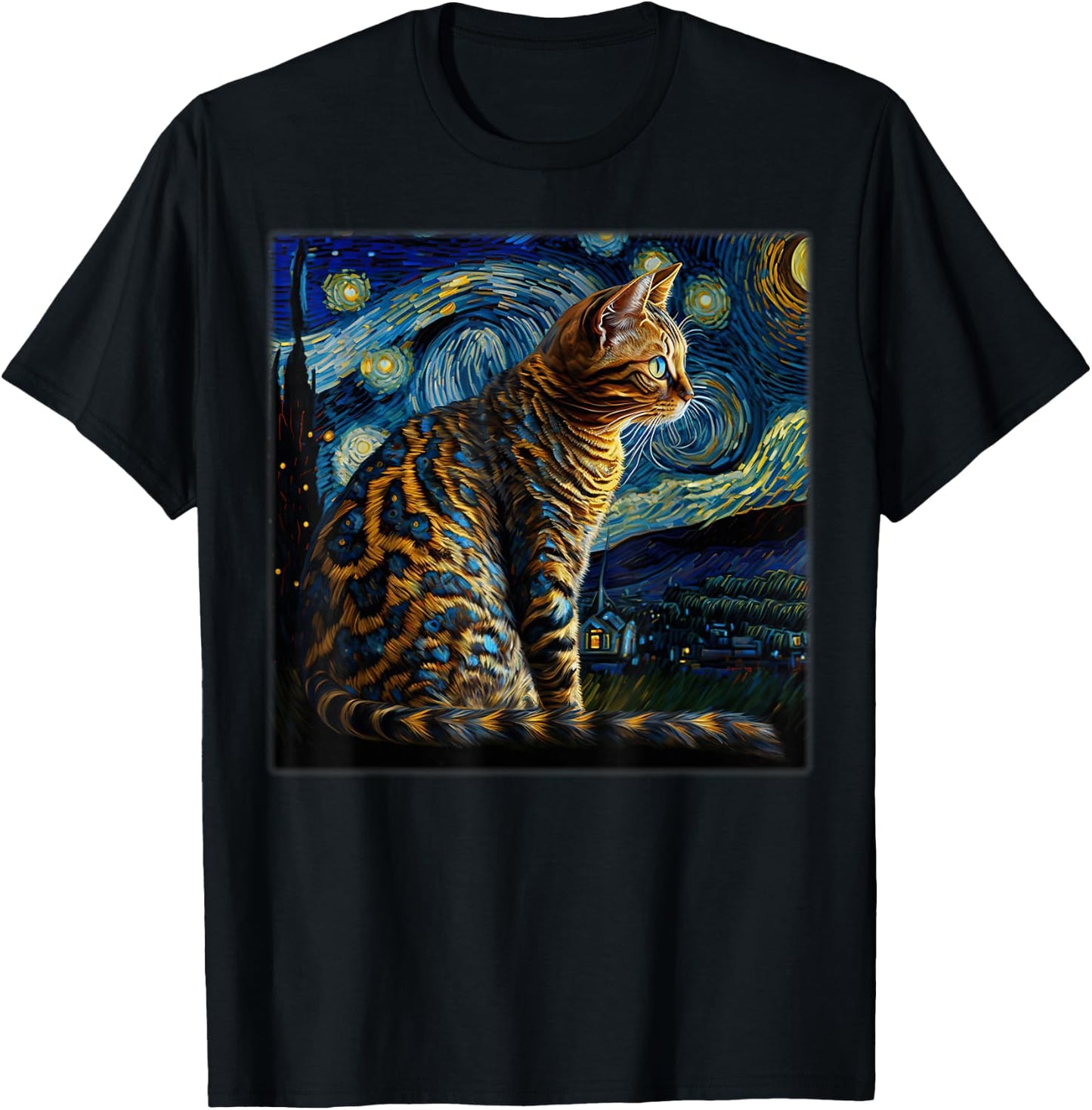 Surrealism Starry Night Bengal cat T-Shirt - T-Shirt | Black