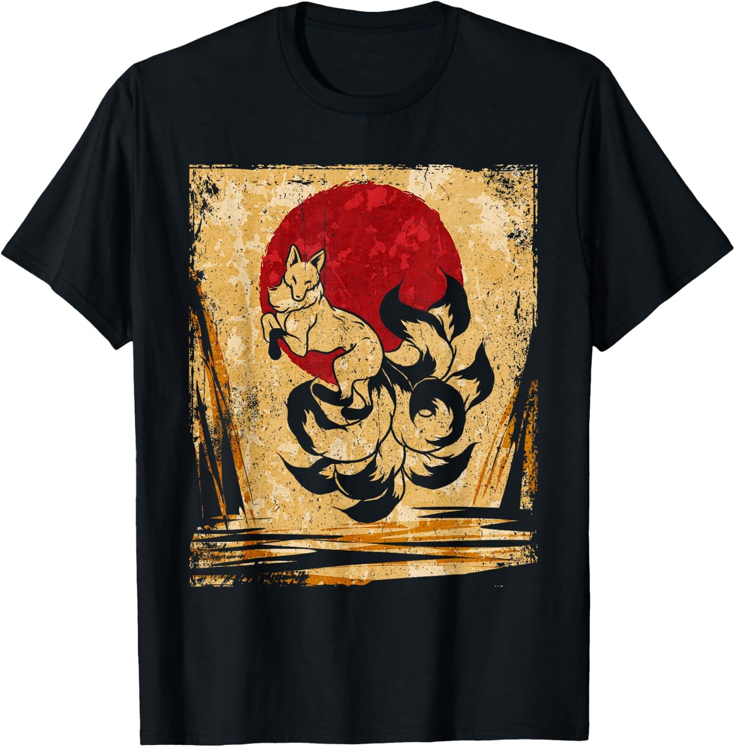 Nine-tailed fox Japanese retro art T-Shirt - T-Shirt | Black