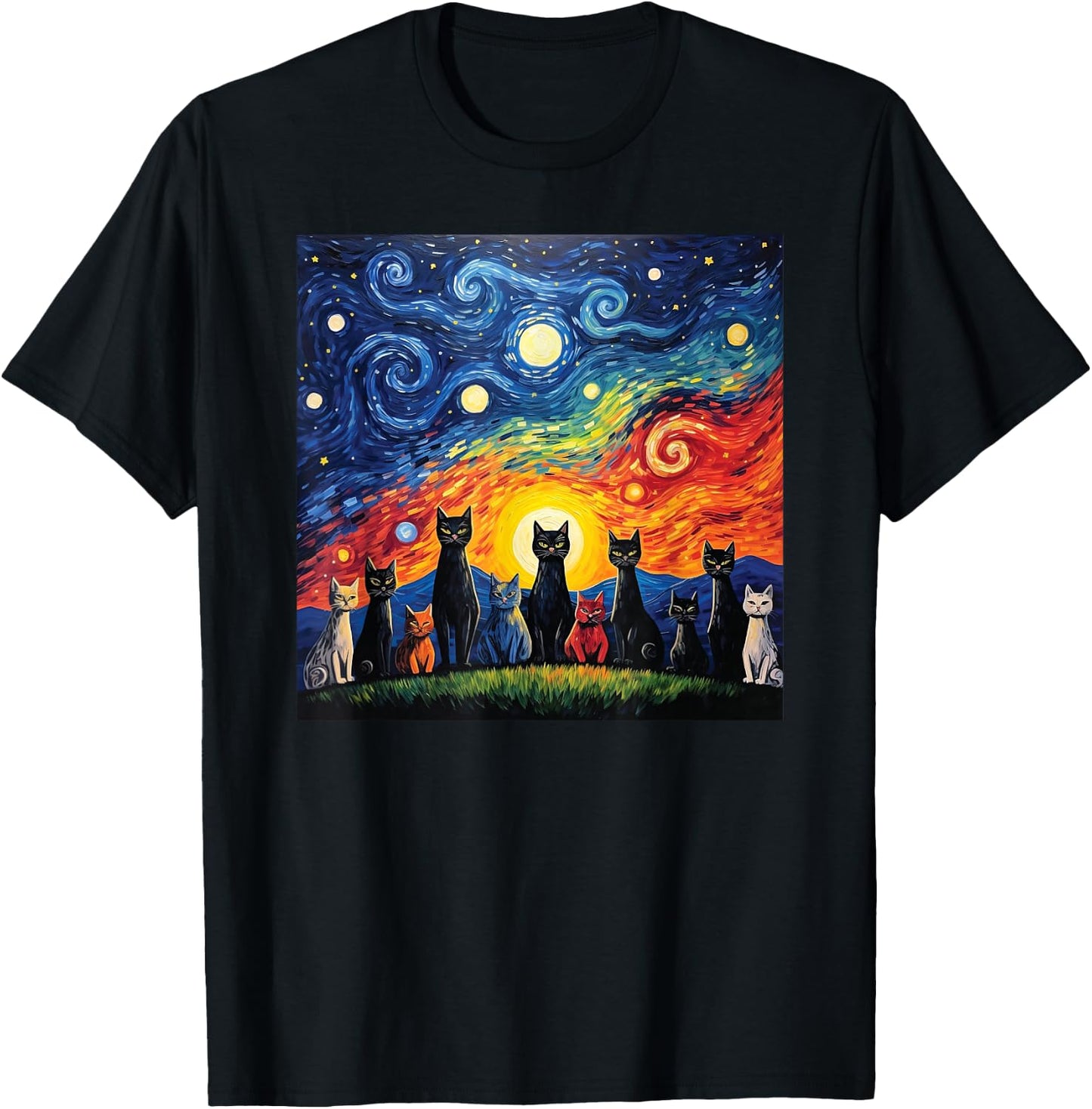 cats family Painting art Starry Night kitty kitten Van Gogh T-Shirt - T-Shirt | Black